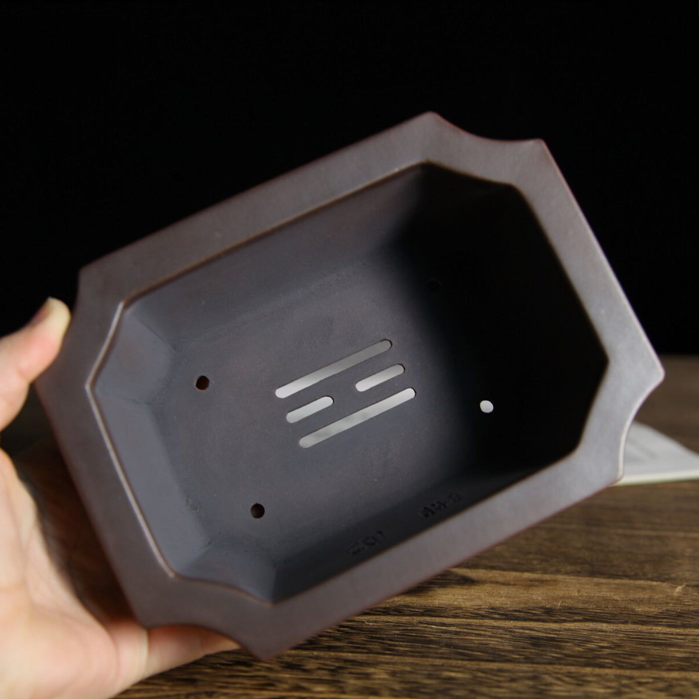 5.7 inch (14.7cm) Corner-Cut Flared Rectangular Gradient Finish Unglazed Premium Bonsai Pot Inside View.