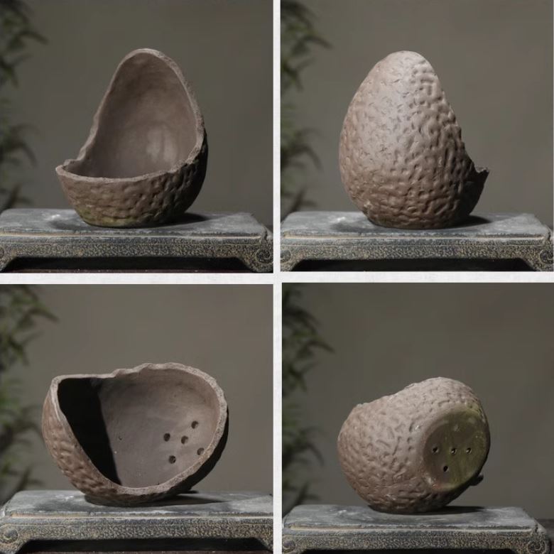 5.9” (15cm) Handcrafted Half-Moon Shaped Unglazed Bonsai Pot Multi Angle Shots