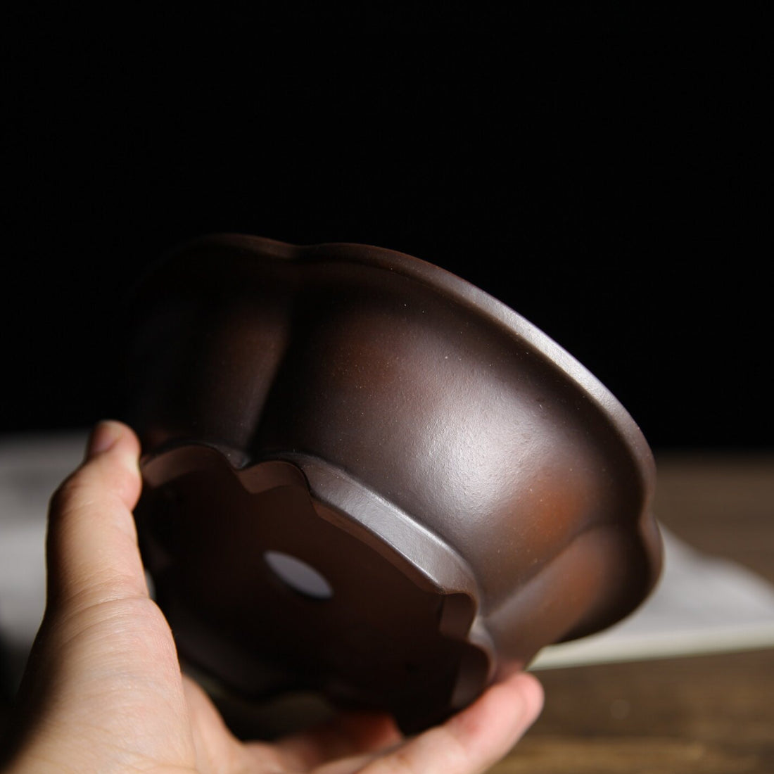 5.9 inch (15cm) Small Lotus-Shaped Gradient Finish Unglazed Wood-Fired Premium Bonsai PotSide View