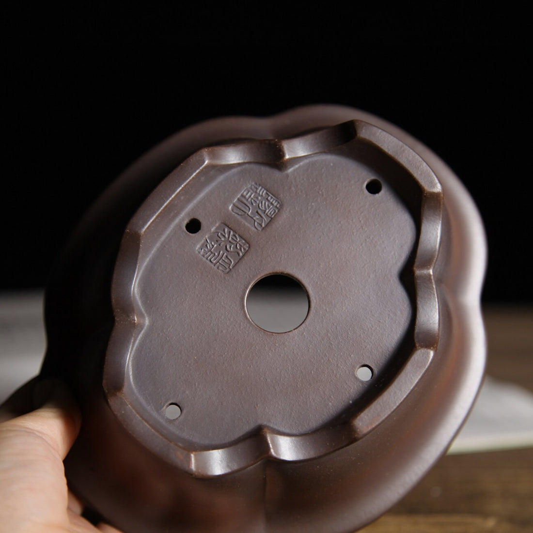5.9 inch (15cm) Small Lotus-Shaped Gradient Finish Unglazed Wood-Fired Premium Bonsai Pot Bottom View