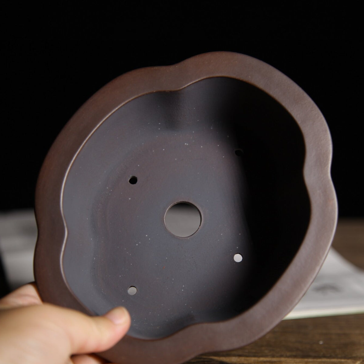 5.9 inch (15cm) Small Lotus-Shaped Gradient Finish Unglazed Wood-Fired Premium Bonsai Pot Inside View