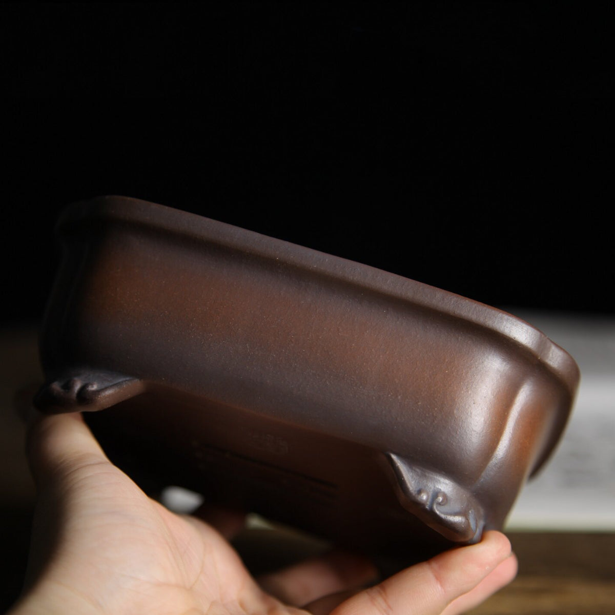 5.5 inch (14.1cm) Rectangular Indented Corner Gradient Finish Wood-Fired Unglazed Bonsai Pot Side View