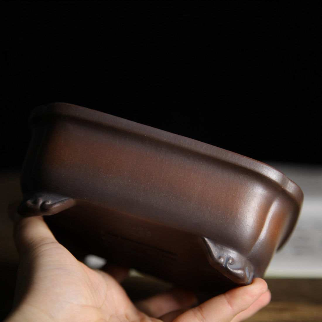 5.5 inch (14.1cm) Rectangular Indented Corner Gradient Finish Wood-Fired Unglazed Bonsai Pot Side View