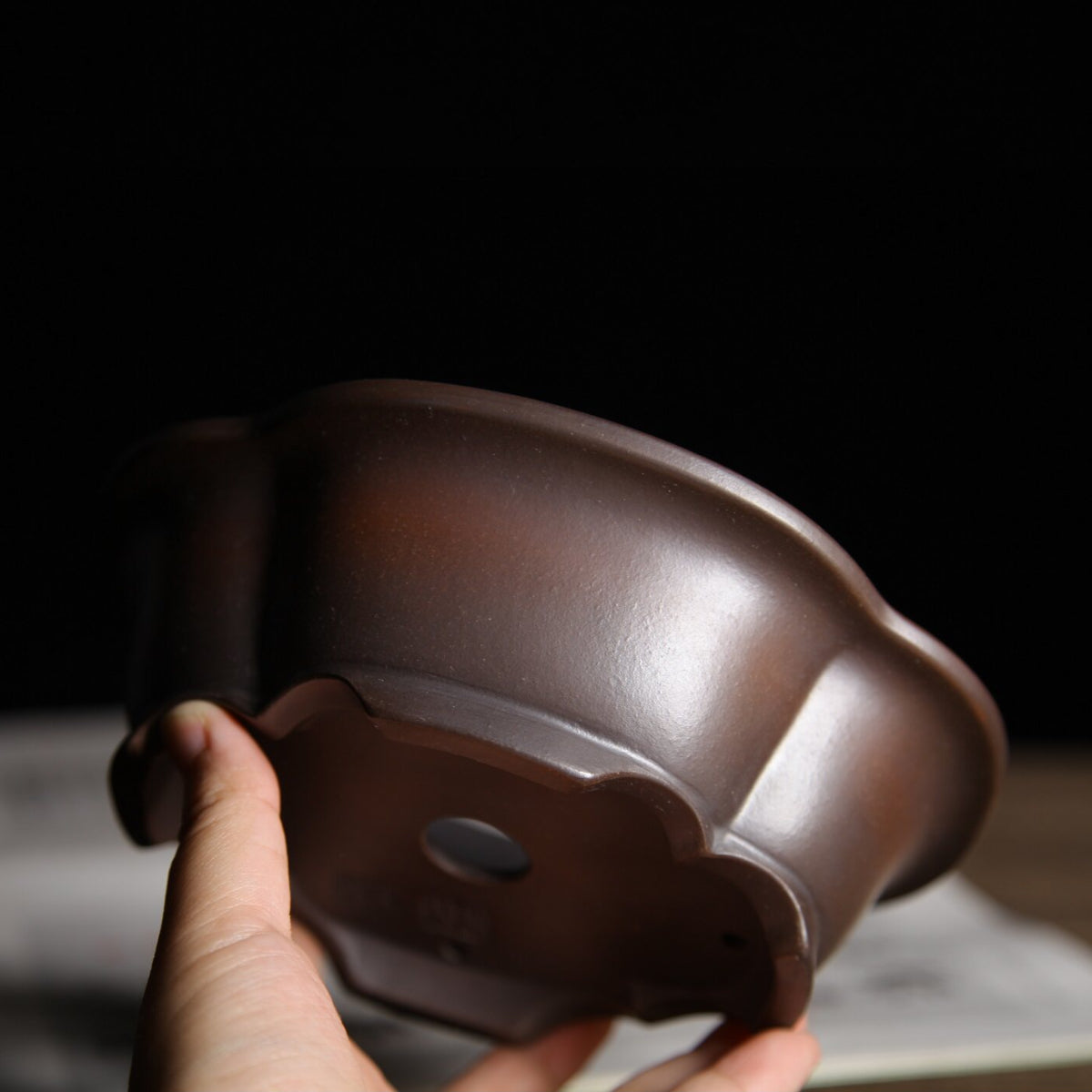 5.9 inch (15cm) Small Lotus-Shaped Gradient Finish Unglazed Wood-Fired Premium Bonsai PotSide View