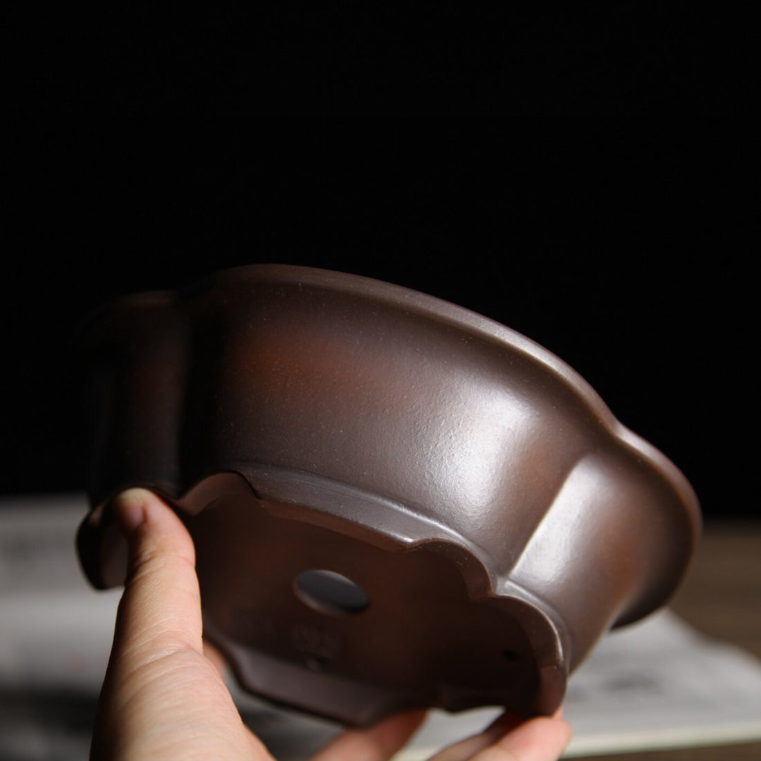 5.9 inch (15cm) Small Lotus-Shaped Gradient Finish Unglazed Wood-Fired Premium Bonsai PotSide View