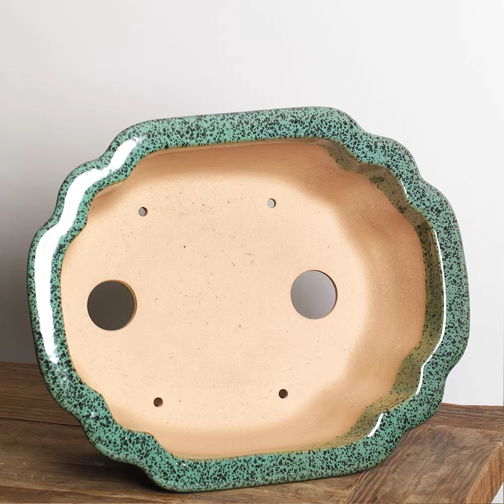 14.7" (37.5cm) Large Scalloped Oval High-Temp Green Glazed Bonsai Pot