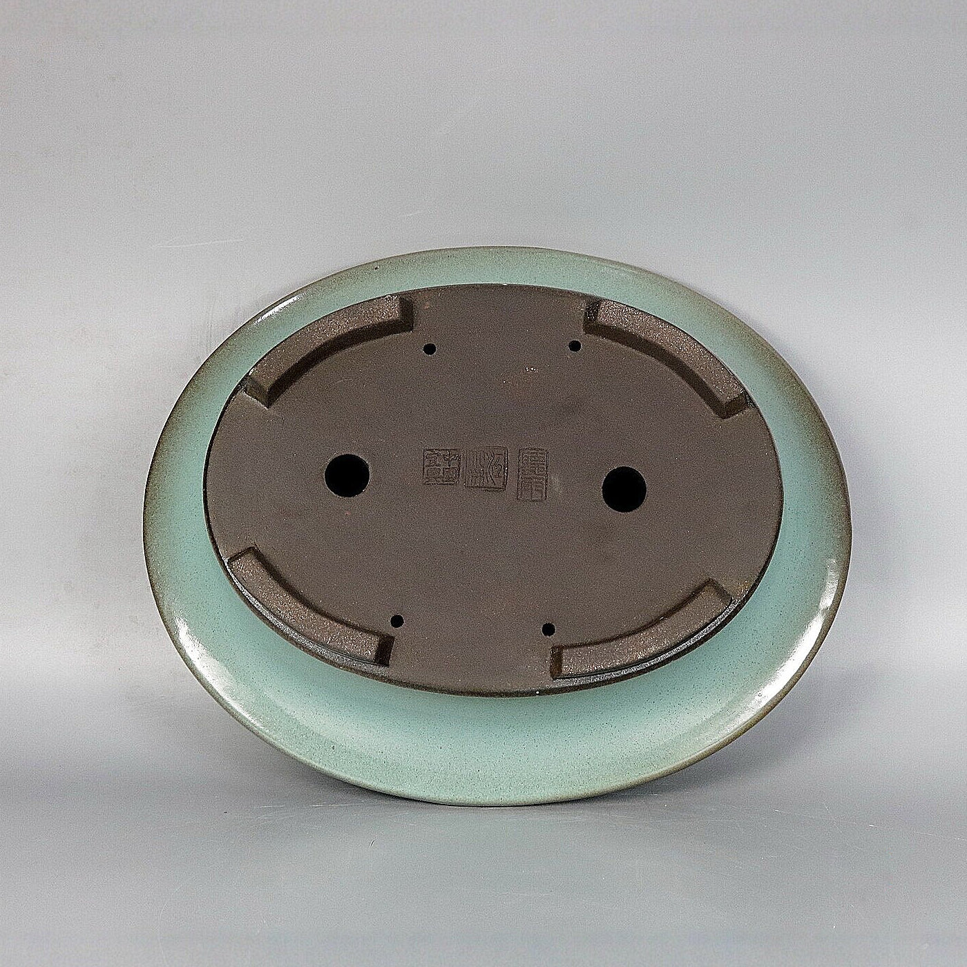 12.4" (31.5cm) Large Oval Green-Brown Dual Tone Glazed Bonsai Pot with Broad Flared Rim