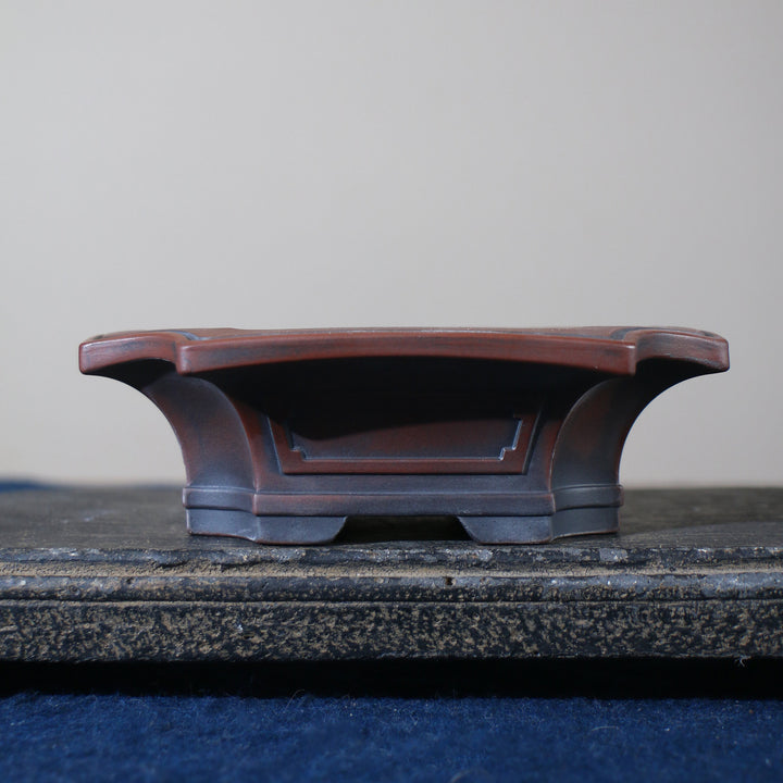 5 inch (12.8cm) Corner-Cut Flared Rectangular Reddish Brown-Black Dual-Tone Unglazed Bonsai Pot