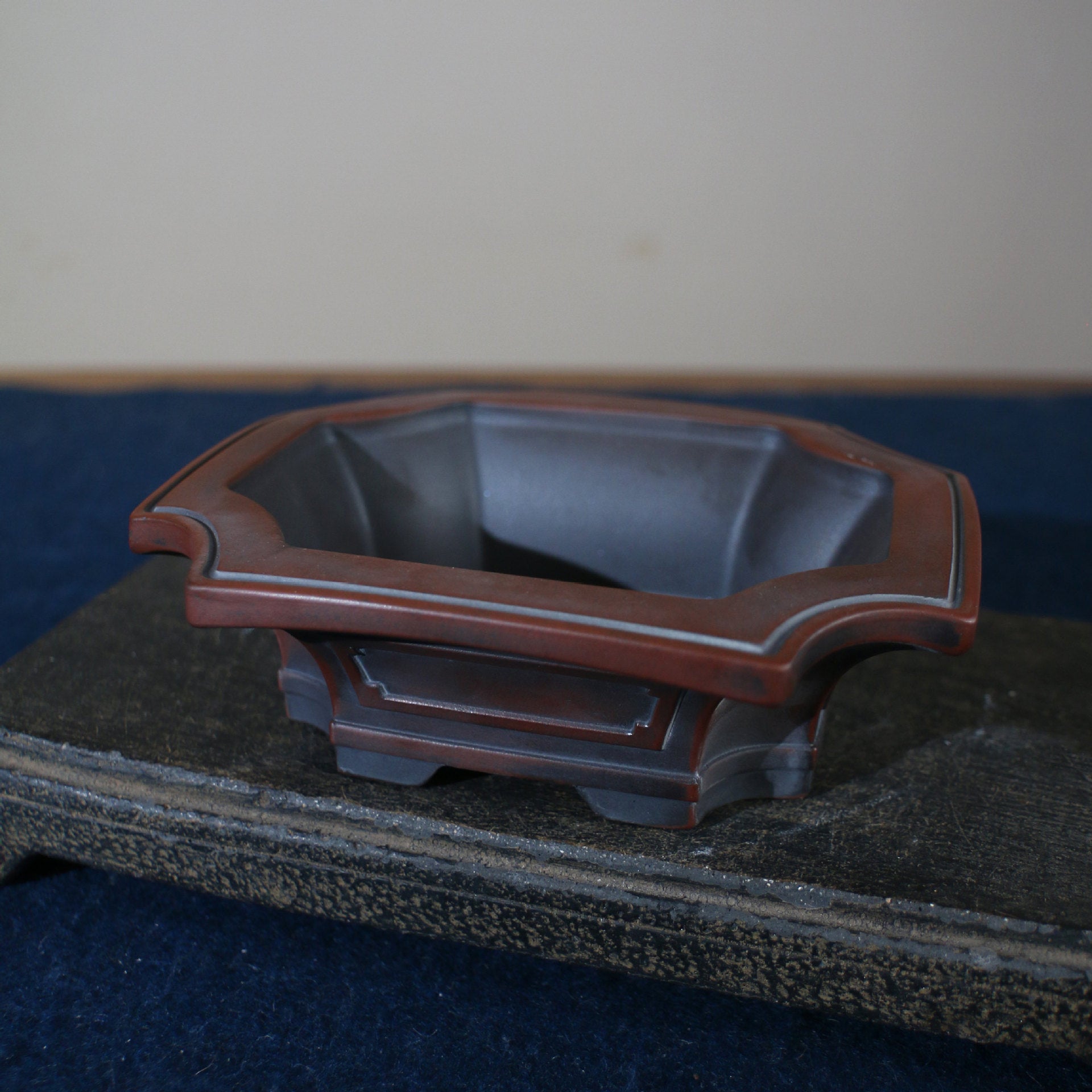 5 inch (12.8cm) Corner-Cut Flared Rectangular Reddish Brown-Black Dual-Tone Unglazed Bonsai Pot Top View
