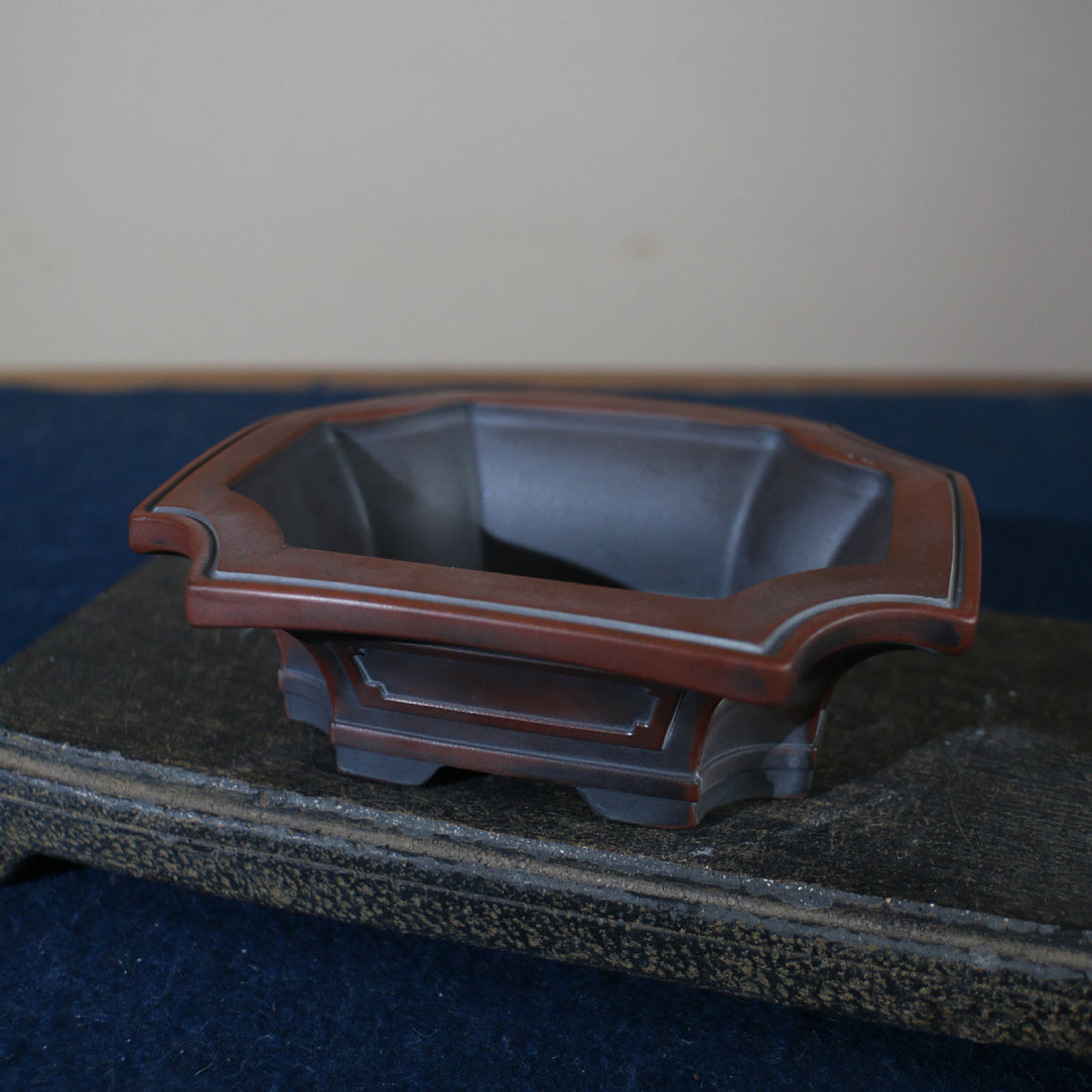 5 inch (12.8cm) Corner-Cut Flared Rectangular Reddish Brown-Black Dual-Tone Unglazed Bonsai Pot Top View