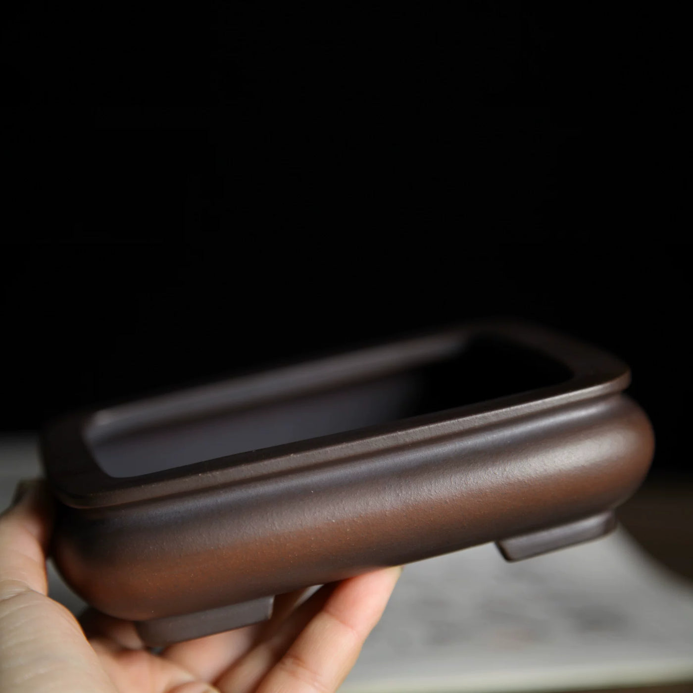 5 inch (12.8cm) Small Bulged Rectangle Reddish-Brown Gradient Unglazed Premium Bonsai Pot