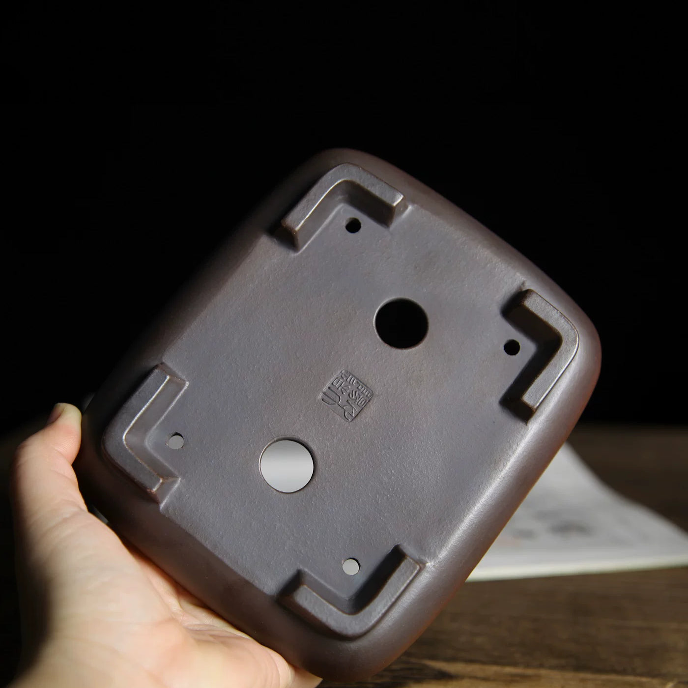 5 inch (12.8cm) Small Bulged Rectangle Reddish-Brown Gradient Unglazed Premium Bonsai Pot Bottom View