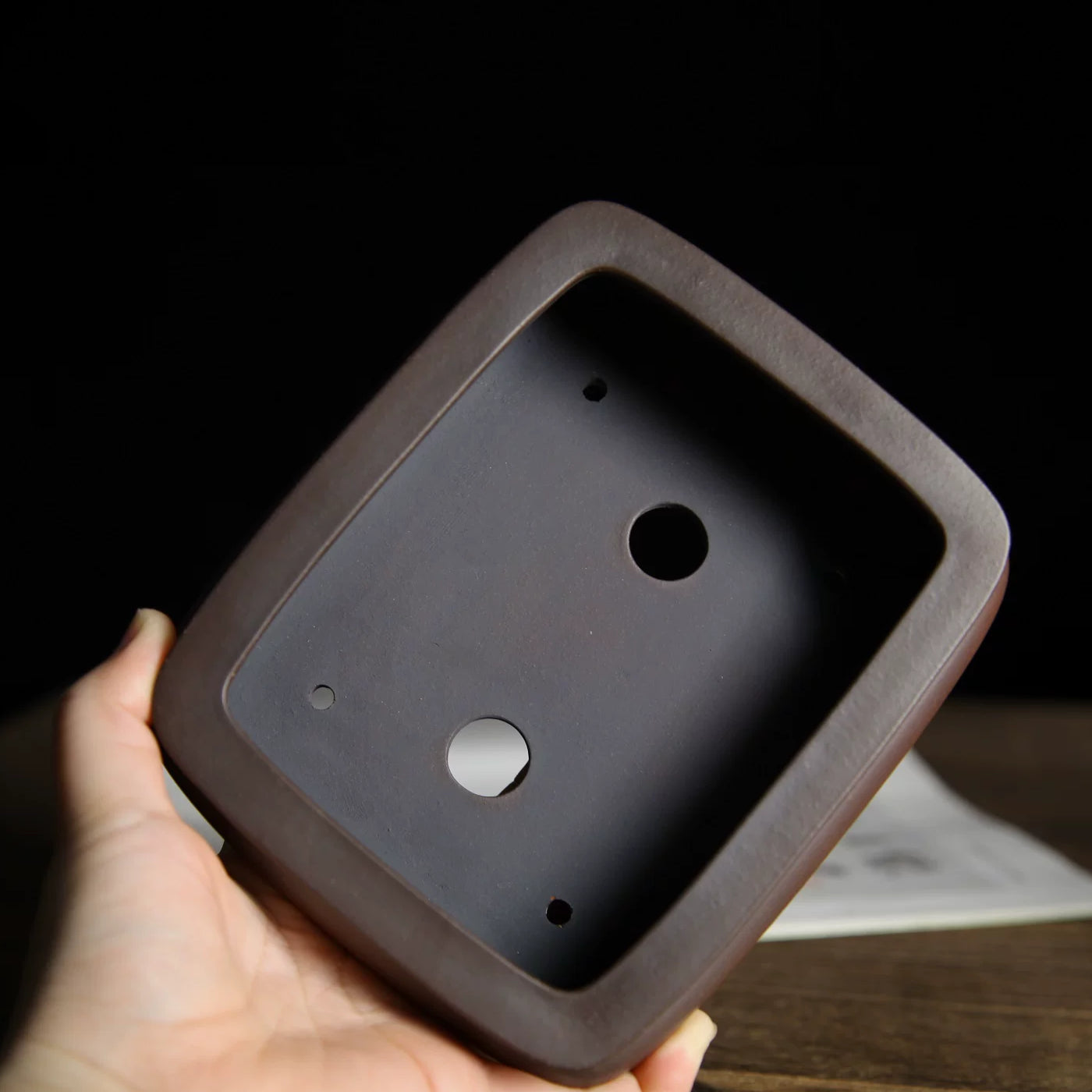 5 inch (12.8cm) Small Bulged Rectangle Reddish-Brown Gradient Unglazed Premium Bonsai Pot Inner View