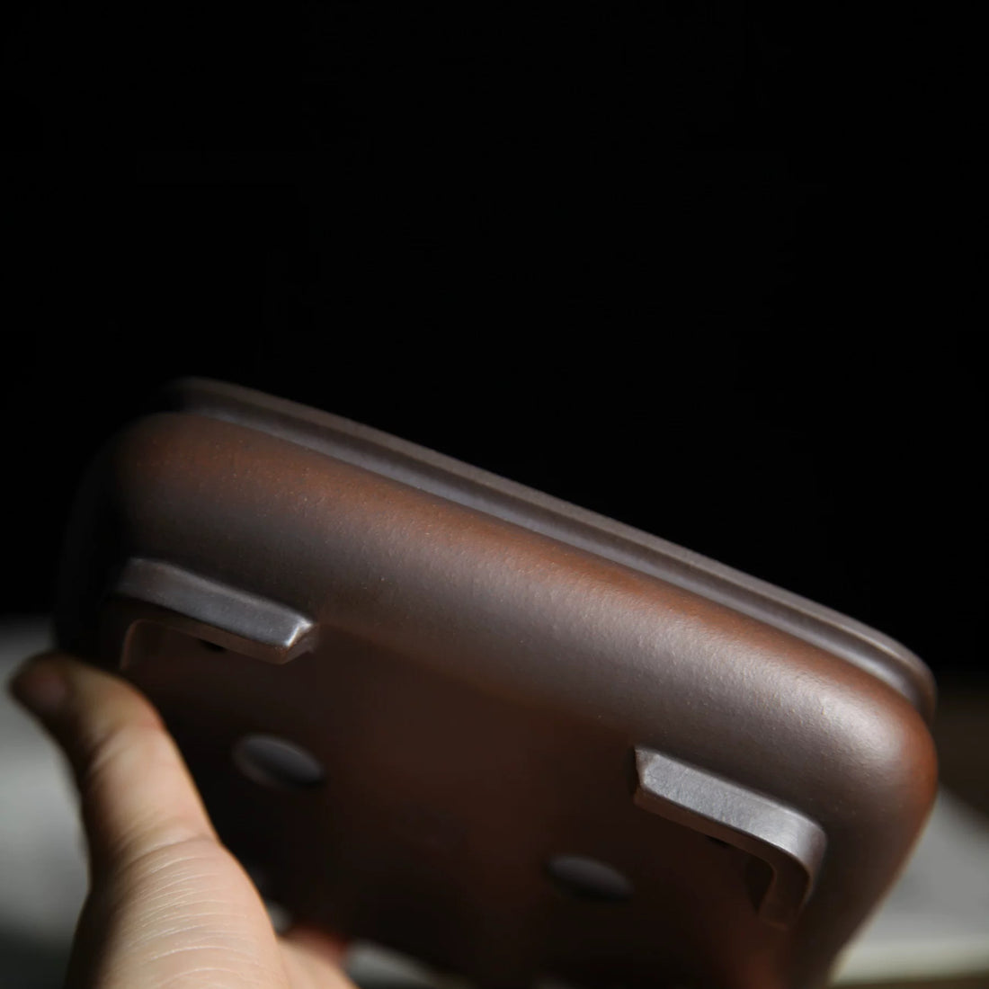 5 inch (12.8cm) Small Bulged Rectangle Reddish-Brown Gradient Unglazed Premium Bonsai Pot Side-Bottom View