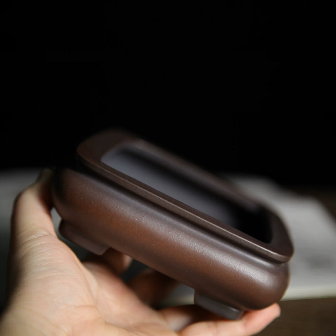 5 inch (12.8cm) Small Bulged Rectangle Reddish-Brown Gradient Unglazed Premium Bonsai Pot Side View