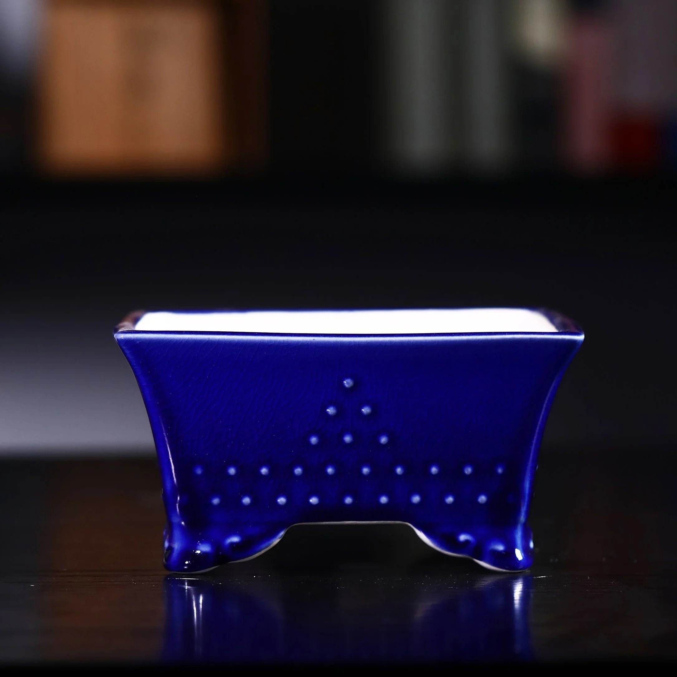 6.1" (15.5cm) Small Square Bonsai Pot w Studded Pattern & Crackled Glaze Blue Color