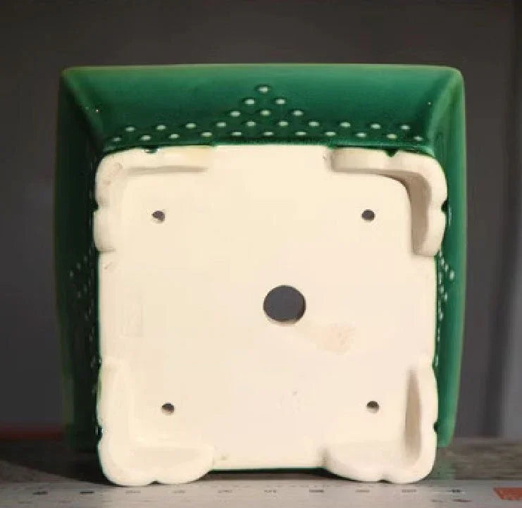 6.1" (15.5cm) Small Square Bonsai Pot w Studded Pattern & Crackled Glaze Bottom View