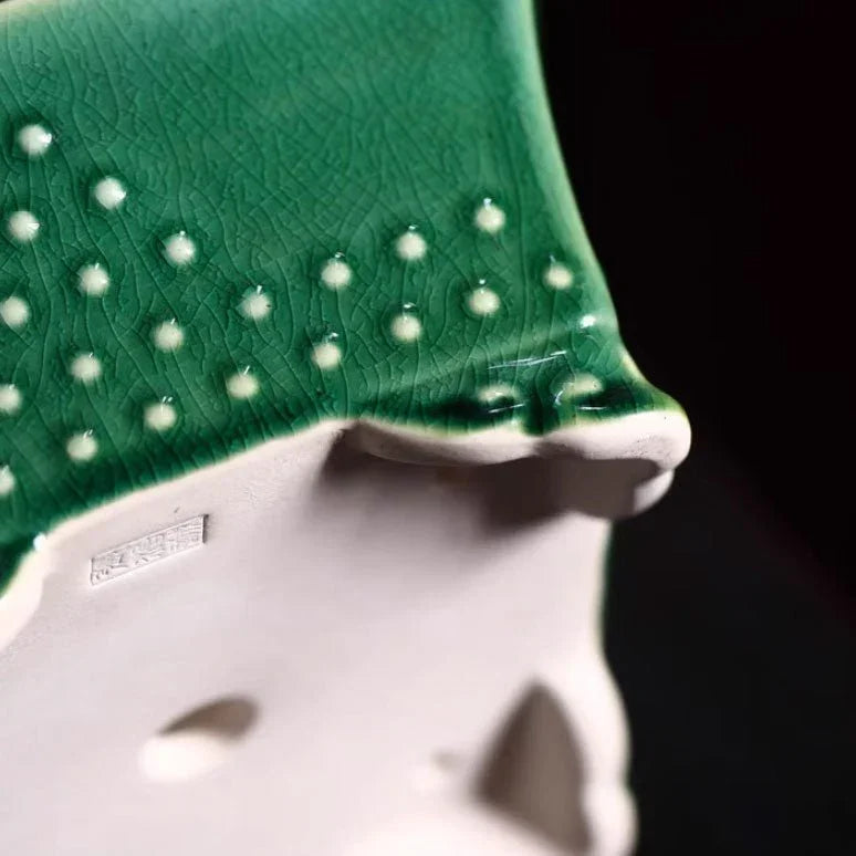 6.1" (15.5cm) Small Square Bonsai Pot w Studded Pattern & Crackled Glaze Bottom View Close Shot