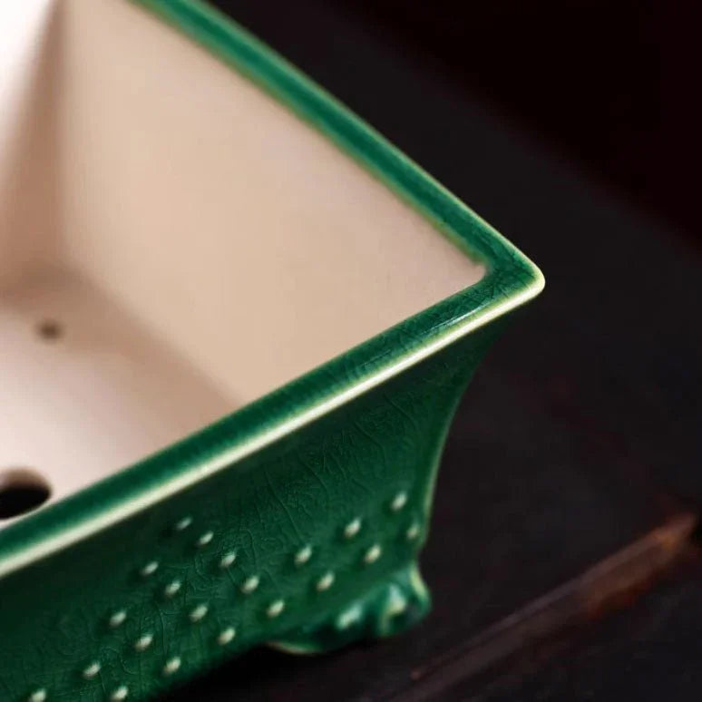 6.1" (15.5cm) Small Square Bonsai Pot w Studded Pattern & Crackled Glaze Close Shot