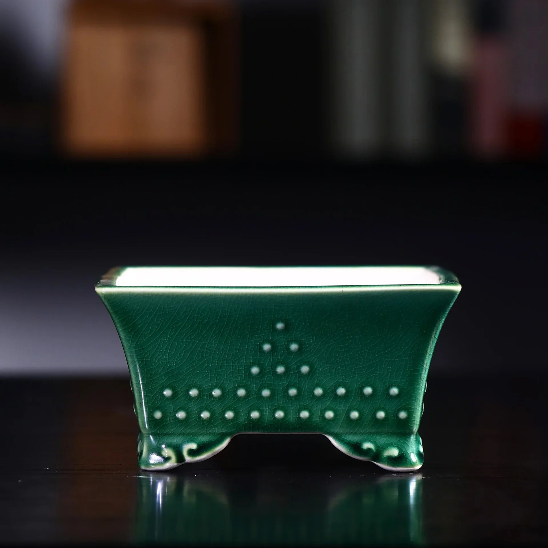 6.1" (15.5cm) Small Square Bonsai Pot w Studded Pattern & Crackled Glaze Green Color