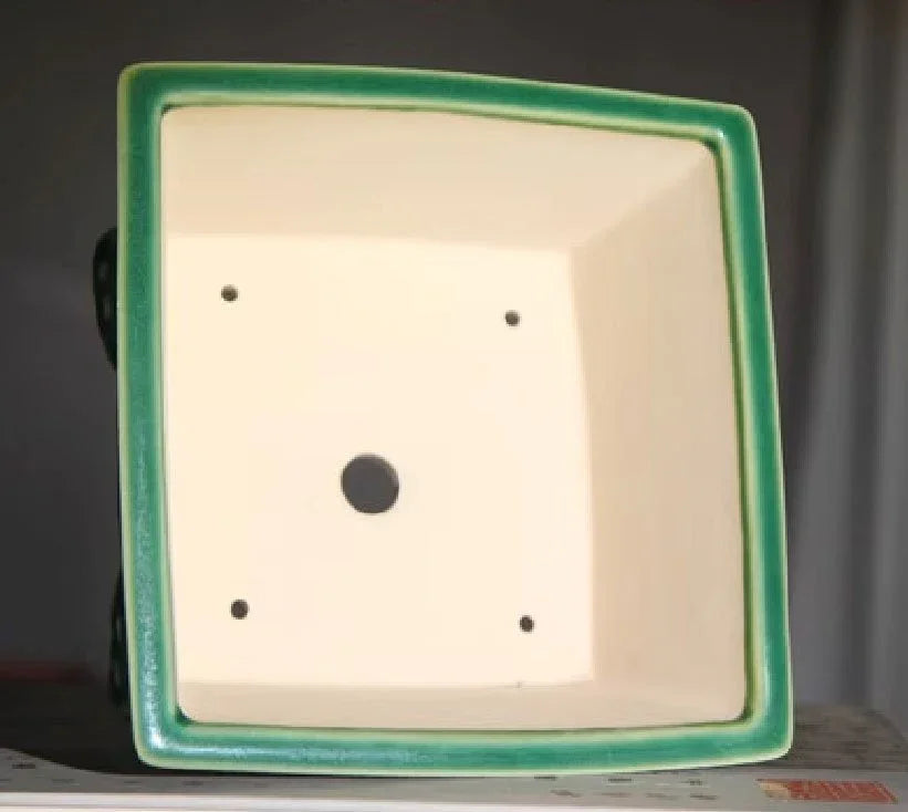 6.1" (15.5cm) Small Square Bonsai Pot w Studded Pattern & Crackled Glaze Inner View