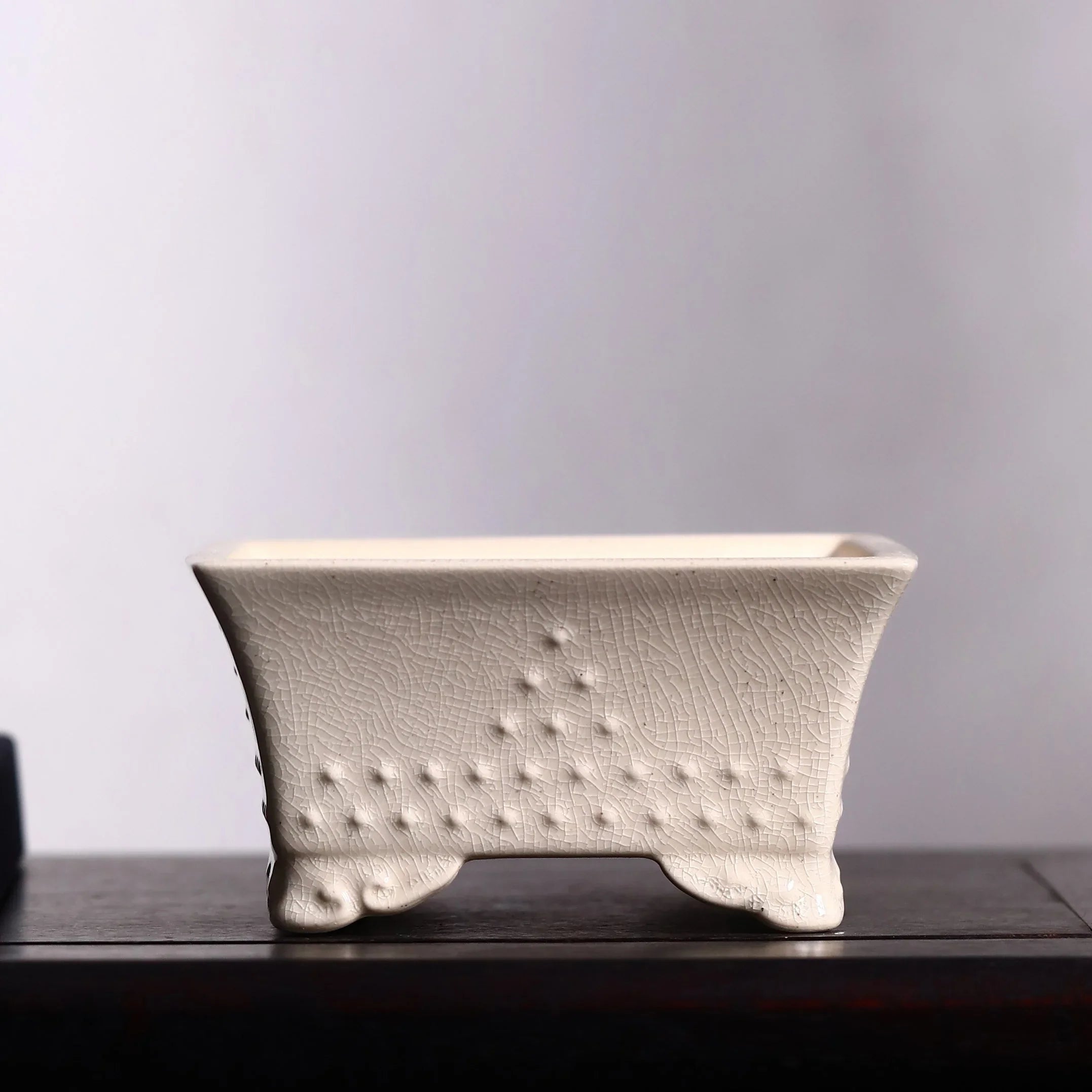 6.1" (15.5cm) Small Square Bonsai Pot w Studded Pattern & Crackled Glaze White Color