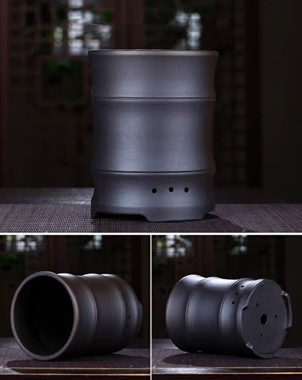 6.1 inch (15.5cm) Deep Round Bamboo-Joint Style Classic Cascade Bonsai Pot Black Color