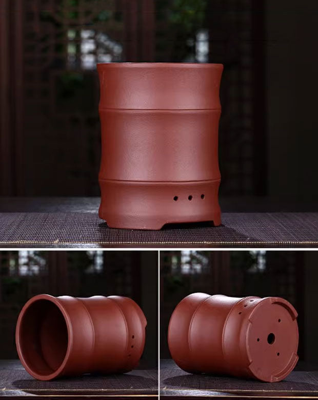 6.1 inch (15.5cm) Deep Round Bamboo-Joint Style Classic Cascade Bonsai Pot Brown Color