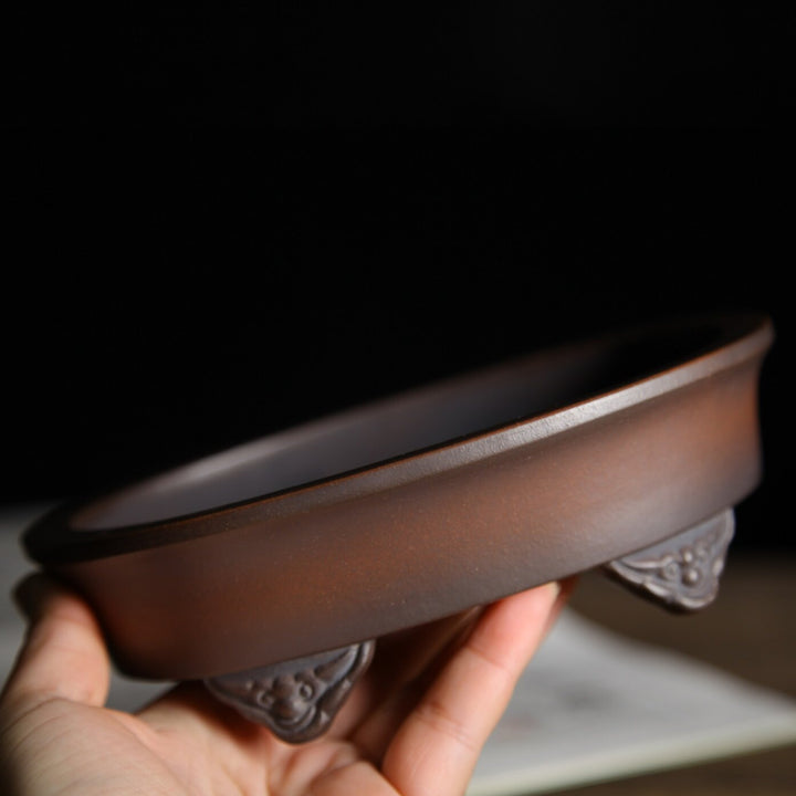 6.1 inch (15.5cm) Small Oval Gradient Finish Unglazed Wood-Fired Premium Bonsai Pot Side View