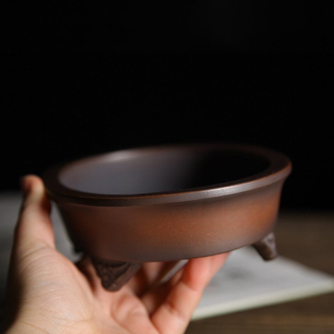 6.1 inch (15.5cm) Small Oval Gradient Finish Unglazed Wood-Fired Premium Bonsai Pot Side View