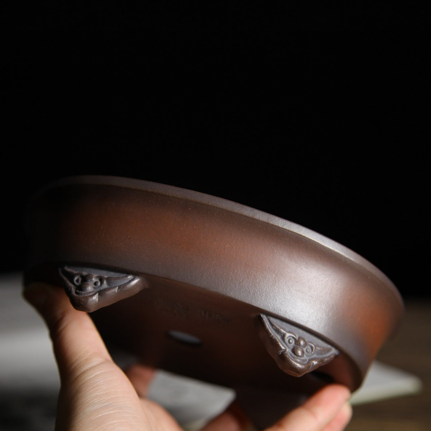 6.1 inch (15.5cm) Small Oval Gradient Finish Unglazed Wood-Fired Premium Bonsai Pot Side View