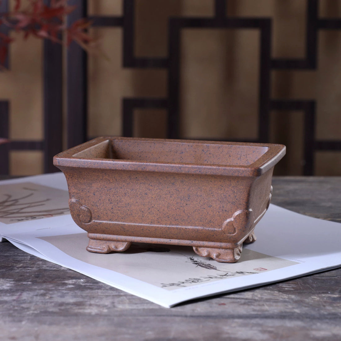 6.1 inch (15.5cm) Small Rectangular Premium Wood-Fired Unglazed Bonsai Pot Corner View