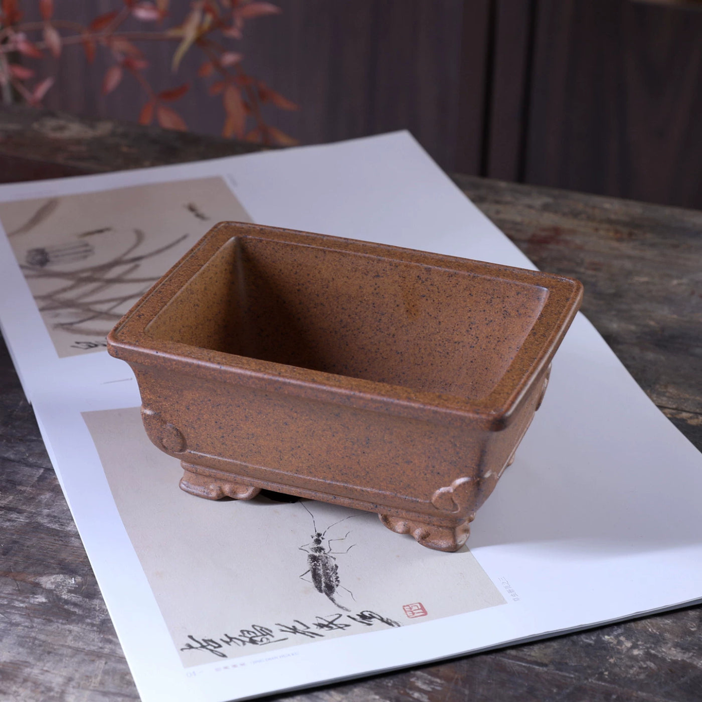 6.1 inch (15.5cm) Small Rectangular Premium Wood-Fired Unglazed Bonsai Pot Top Corner View