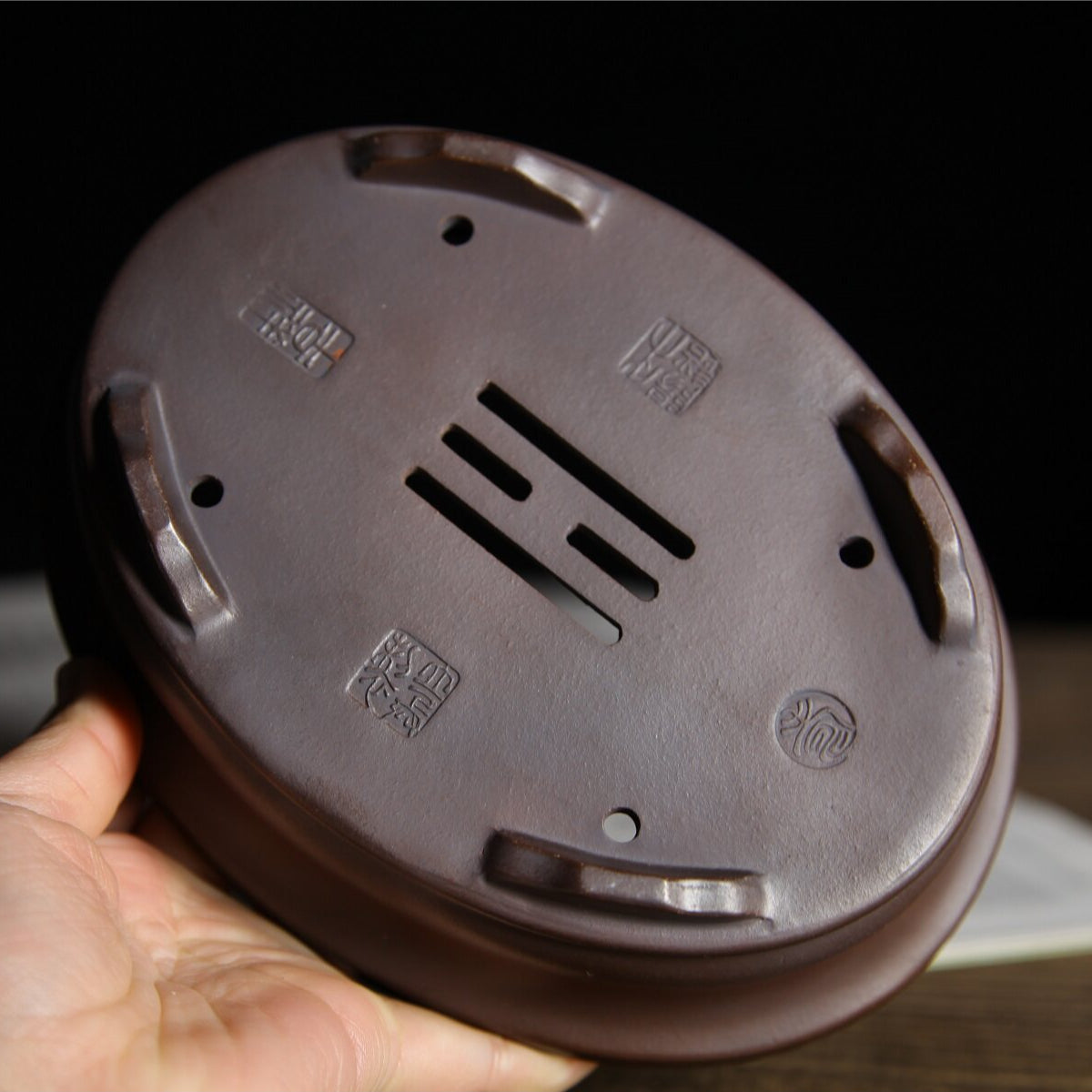 6.2 inch (15.9cm) Small Oval Gradient Finish Wood-Fired Unglazed Bonsai Pot w Flared Rim Bottom View