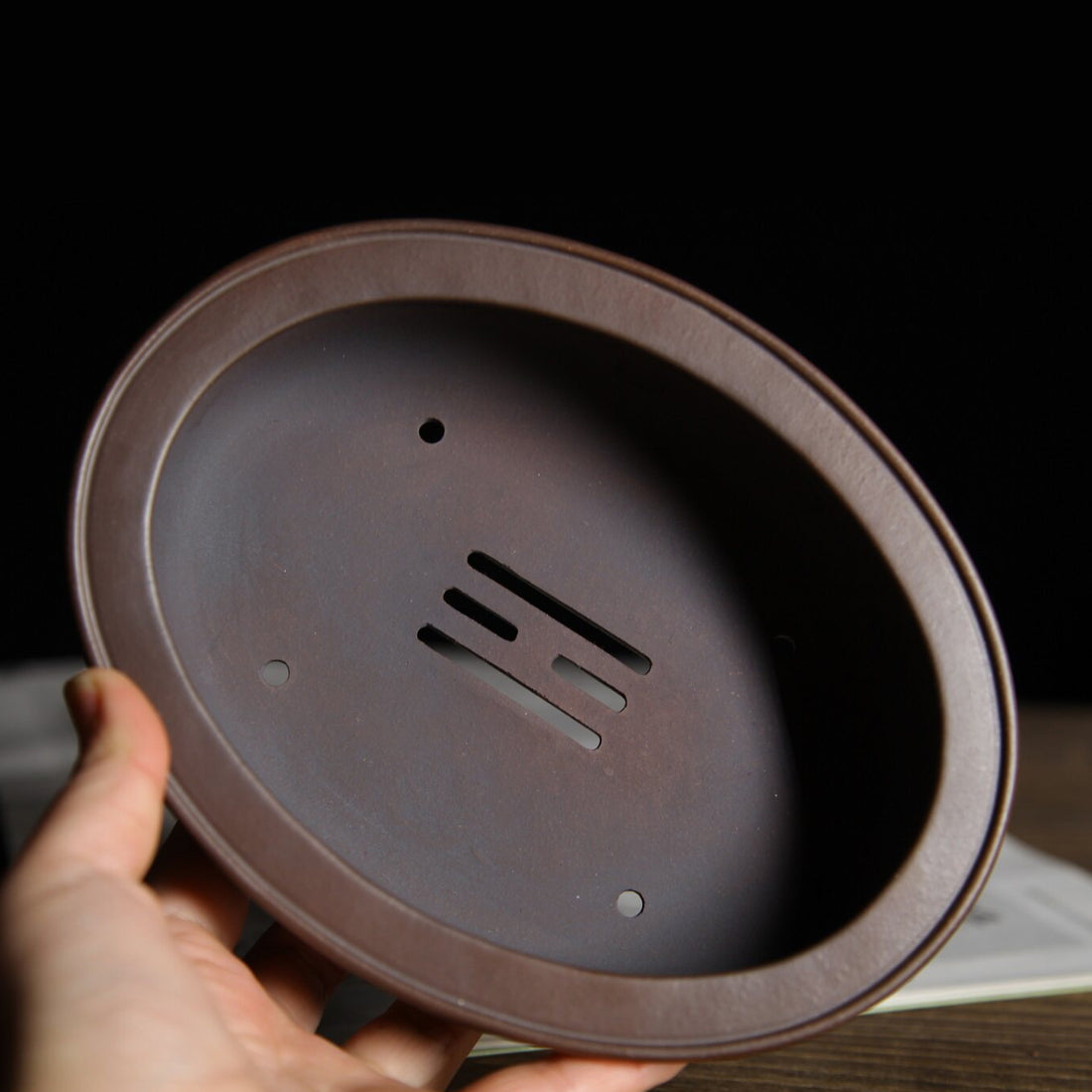 6.2 inch (15.9cm) Small Oval Gradient Finish Wood-Fired Unglazed Bonsai Pot w Flared Rim Inside View