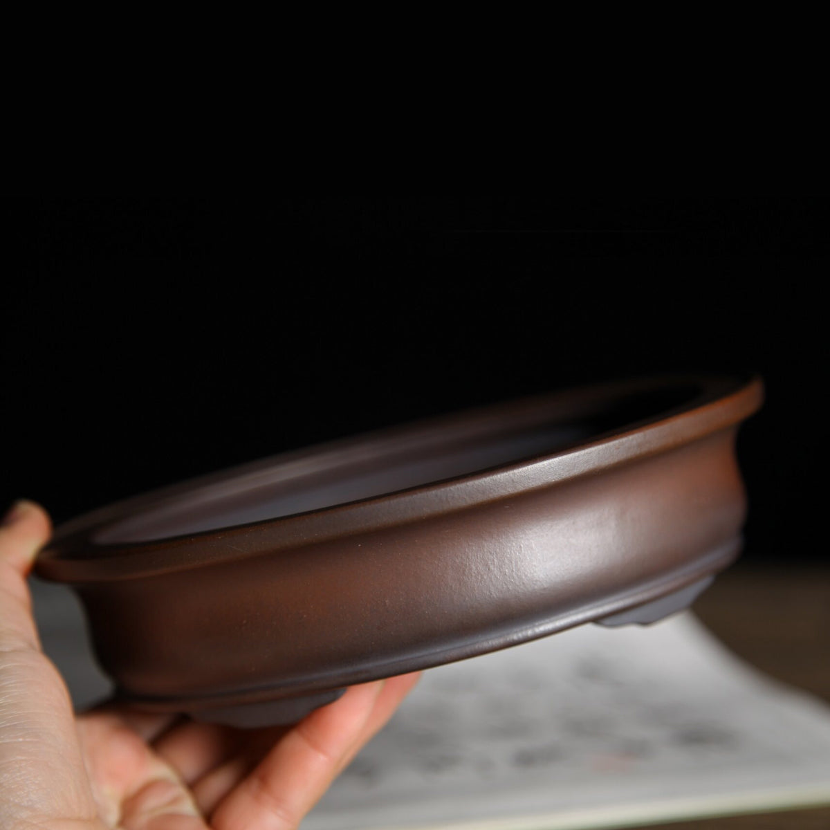 6.2 inch (15.9cm) Small Oval Gradient Finish Wood-Fired Unglazed Bonsai Pot w Flared Rim Side View