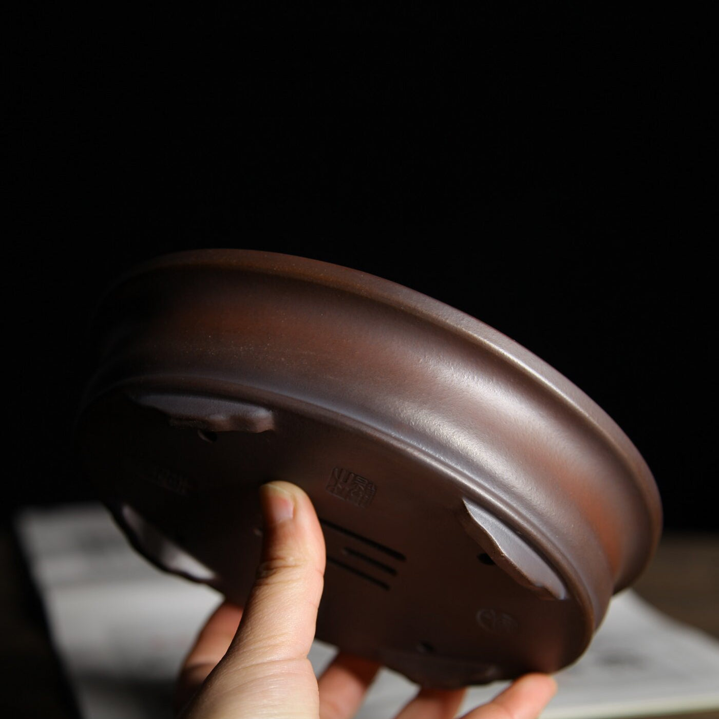 6.2 inch (15.9cm) Small Oval Gradient Finish Wood-Fired Unglazed Bonsai Pot w Flared Rim Side View