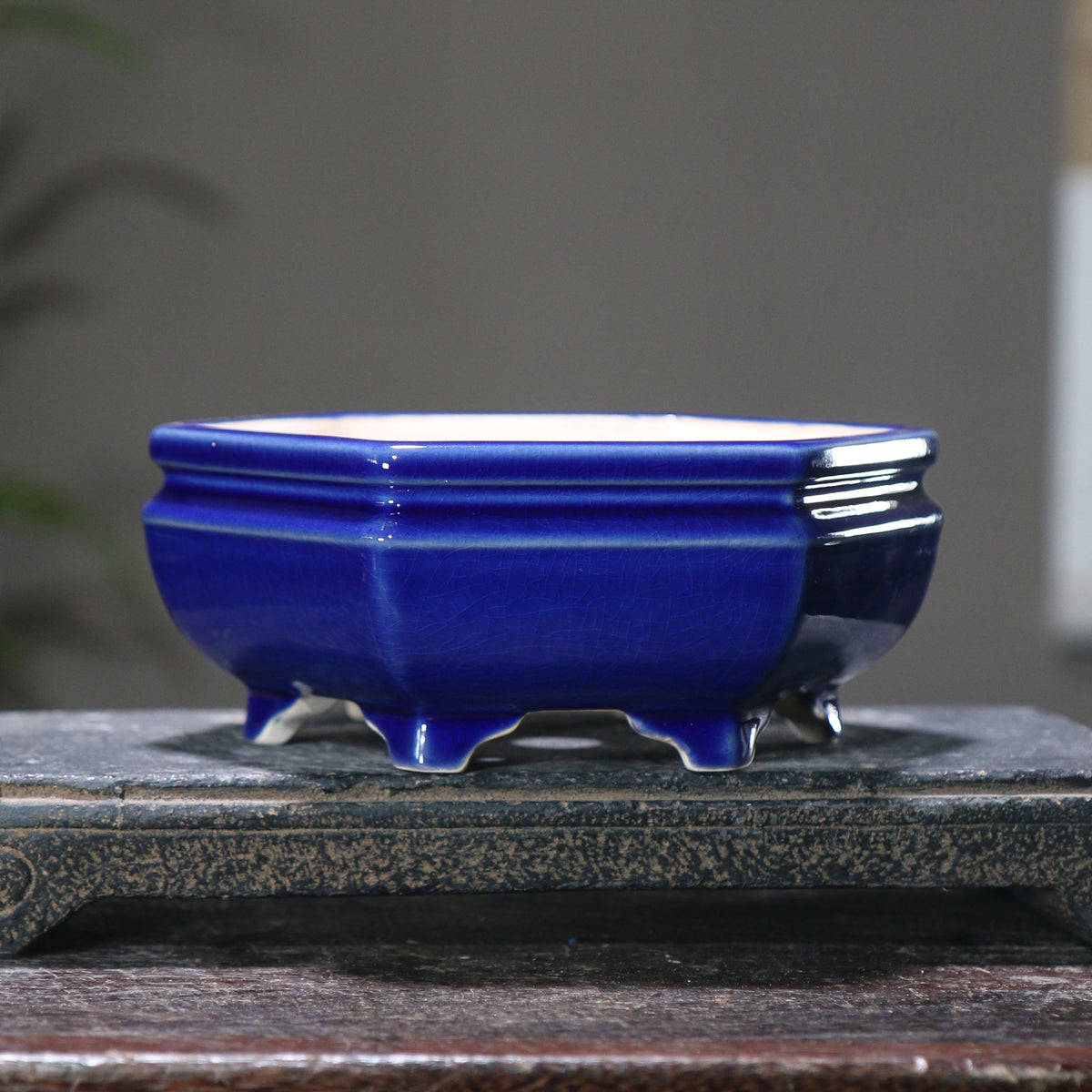 6.3" (16cm) Small Hexagonal Glazed Raised Feet Bonsai Pots Dark Blue Color