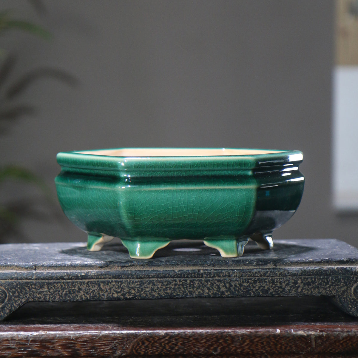 6.3" (16cm) Small Hexagonal Glazed Raised Feet Bonsai Pots Green Color