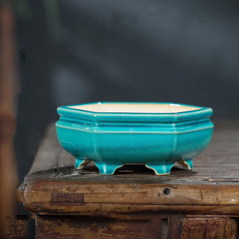6.3" (16cm) Small Hexagonal Glazed Raised Feet Bonsai Pots Peacock Blue Color