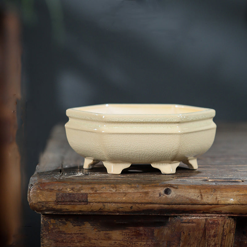 6.3" (16cm) Small Hexagonal Glazed Raised Feet Bonsai Pots White Color