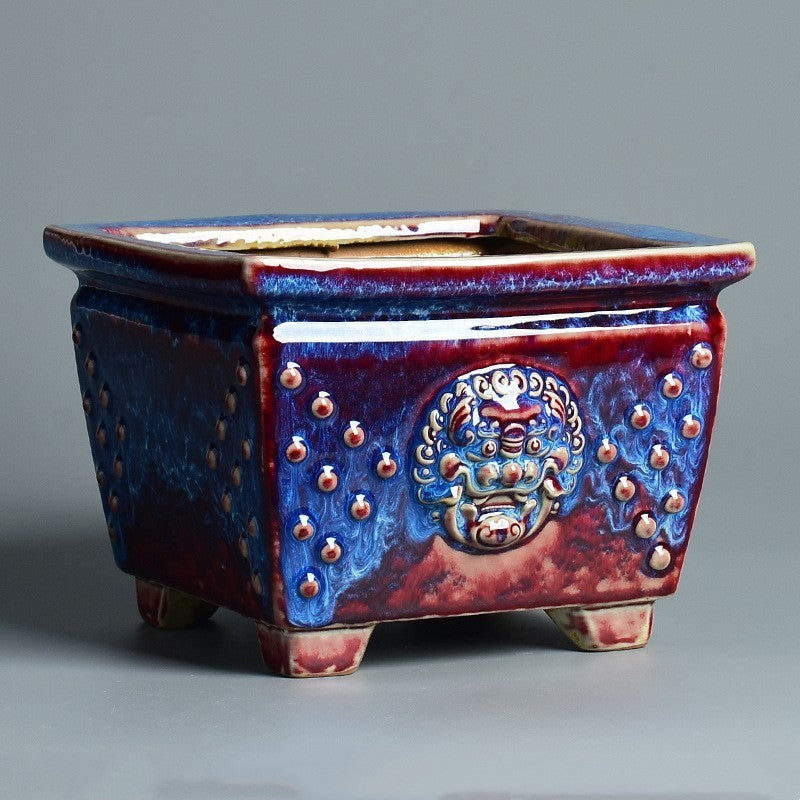 6.3" (16cm) Small Square Glazed Decorative Studded Bonsai Pot