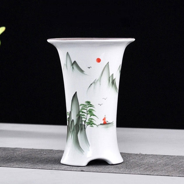 6.3" Deep Hand-Painted Artistic Glazed White Cascade Bonsai Pots