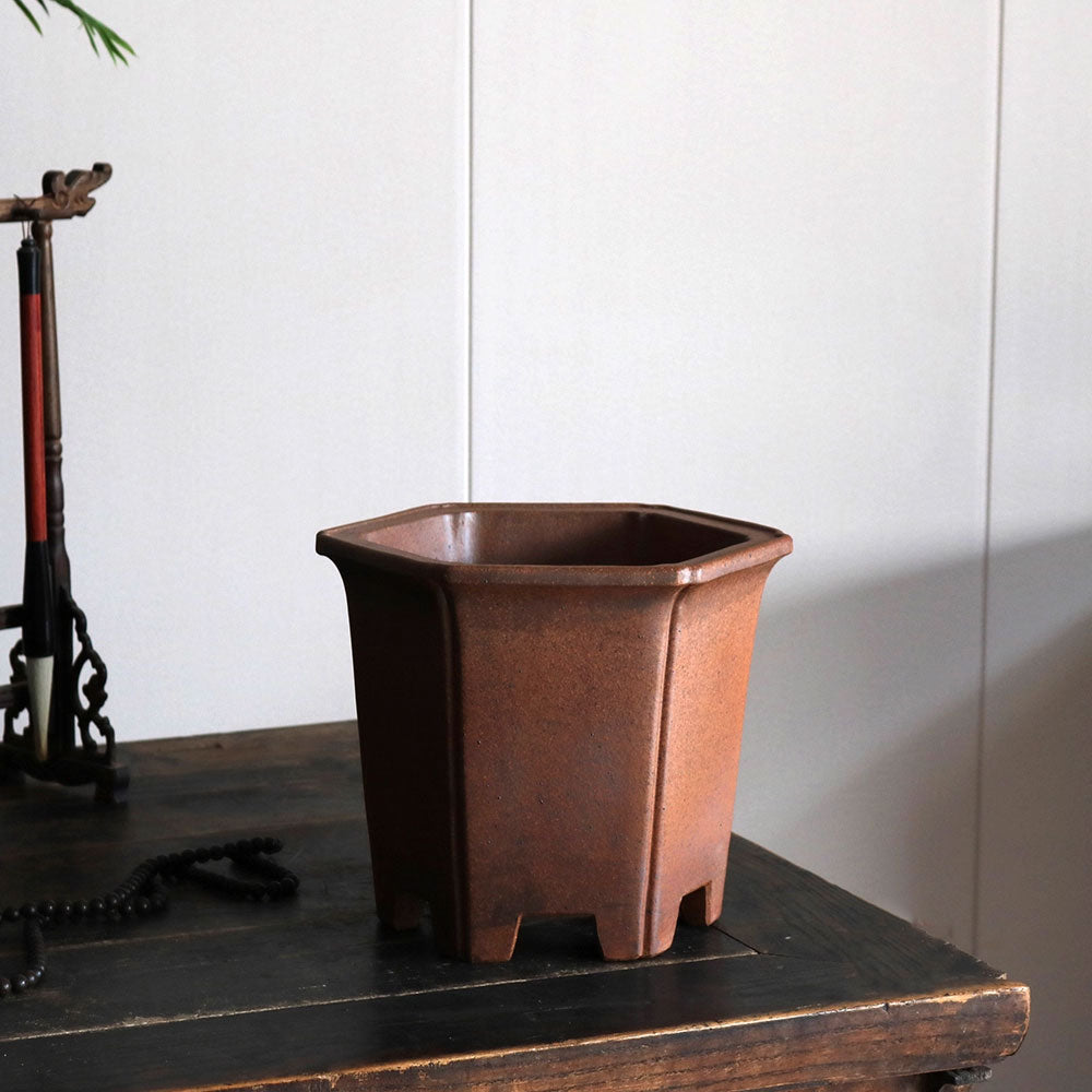 6.3 inch (16cm) Deep Hexagonal Speckled Finish Premium Semi Cascade Bonsai Pot Corner View