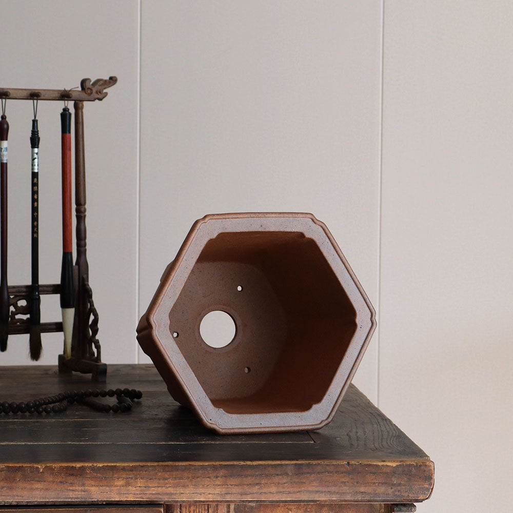 6.3 inch (16cm) Deep Hexagonal Speckled Finish Premium Semi Cascade Bonsai Pot Inner View