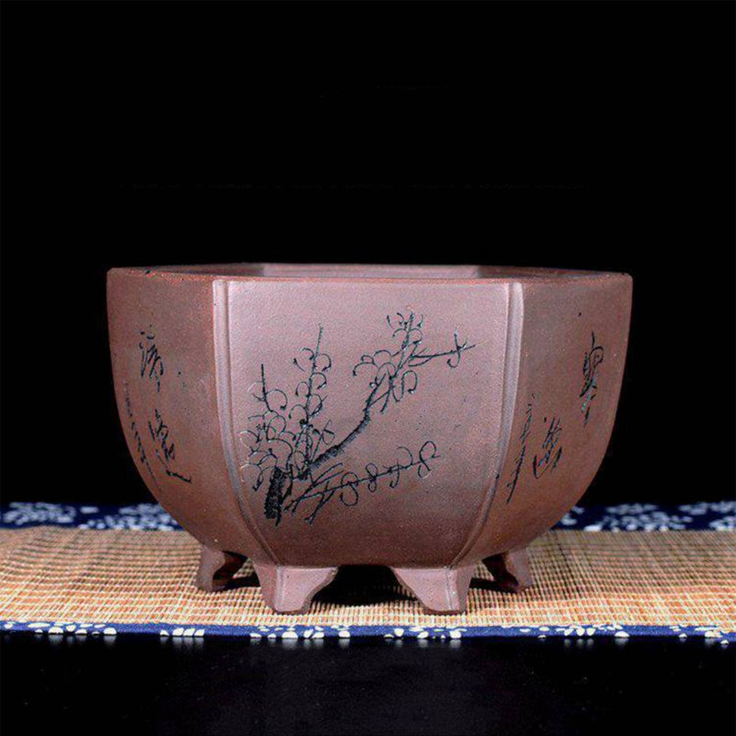 6.3 inch (16cm) Small-Sized Hexagonal Deep Bonsai Pot w Floral Engravings