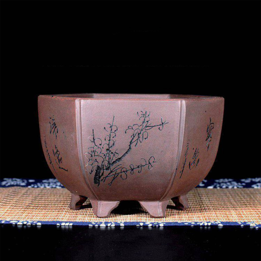 6.3 inch (16cm) Small-Sized Hexagonal Deep Bonsai Pot w Floral Engravings