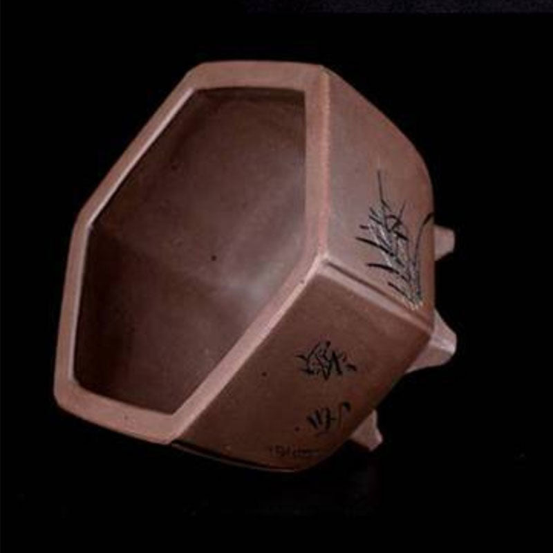 6.3 inch (16cm) Small-Sized Hexagonal Deep Bonsai Pot w Floral Engravings Inner View