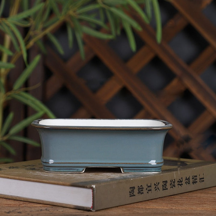6.3 inch (16cm) Small Concave-Sided Rectangular Blue-Gray Glazed Shohin Bonsai Pot
