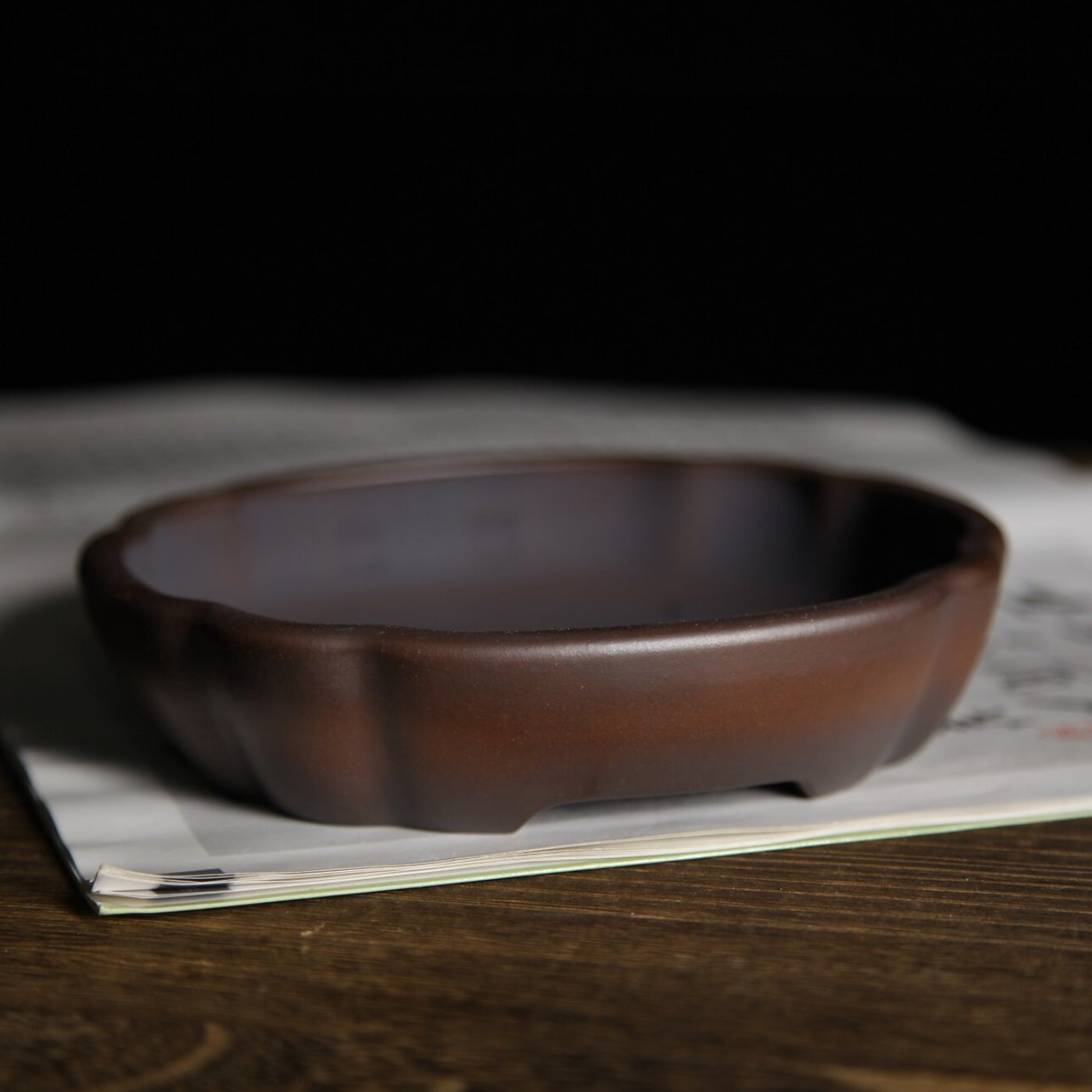 6.3 inch (16cm) Small Scalloped Oval Gradient Finish Unglazed Wood-Fired Premium Bonsai Pot